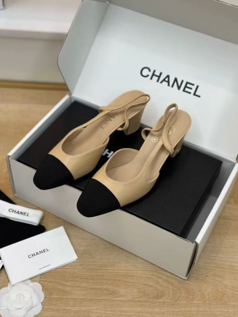 CHANEL Beige‑Black Two‑Tone Slingback Block Heel Sandals